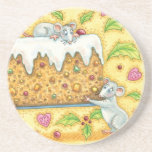 Christmas Mice Carrying a Fruit Cake Dessert Coaster