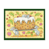 Christmas Mice Carrying a Fruit Cake Dessert Post Cards