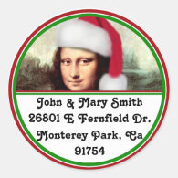 Christmas Mona Lisa With Santa Hat Classic Round Sticker