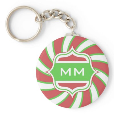 Christmas Monogram Retro Spiral Green Red Keychains