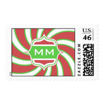 Christmas Monogram Retro Spiral Green Red Postage Stamp