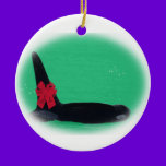 Christmas Orca Whale with Red Bow on Green Backgro ornaments