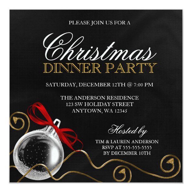 Christmas Ornament Red Bow Dinner Party Card (front side)