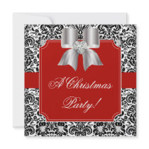 Christmas Party Damask Red Black White Jewel Bow Invites