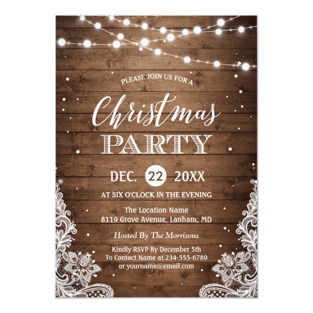 Christmas Party | Rustic Wood String Lights Lace Card (front side)