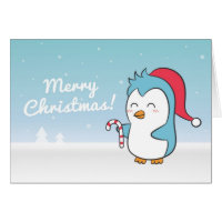 Christmas penguin holding candy cane card