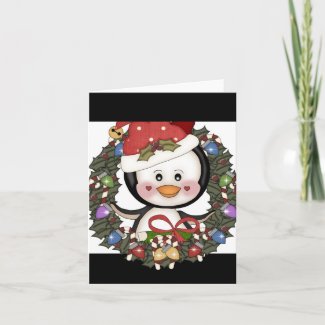 Christmas Penguin Holiday Wreath Greeting Card