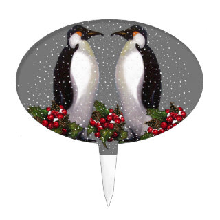 Christmas Penguins in Snow, Holly: Art Cake Pick