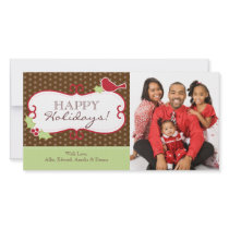Christmas Photo Cards - Brown Polka dots, Red Bird