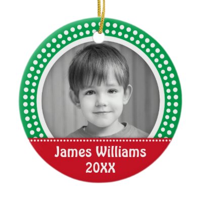 Christmas photo frame white dot snow border green christmas ornaments