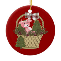 Christmas Pig In A Basket Ornament