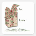 Christmas Pink Green Package With Ribbons Gift Tag Square Stickers