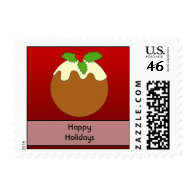 Christmas Pudding. Happy Holidays. On Red Postage Stamp