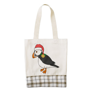 Christmas Puffin with Red Hat & Gold Jingle Bell Zazzle HEART Tote Bag