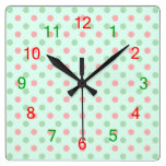 Christmas Red and Green Polka Dots Square Wall Clock