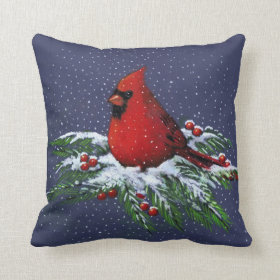 Christmas: Red Cardinal: Snowy Pine Branches: Art Throw Pillows