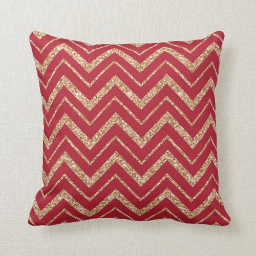 Christmas Red with Faux Gold Glitter Chevron Pillow