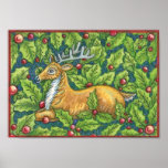 Christmas Reindeer with Holly Poster