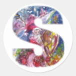 CHRISTMAS S LETTER  / SANTA  PLAYING HARP ROUND STICKERS