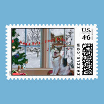 Christmas, Singing Cat, Snow, Postage Stamp
