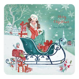 Christmas Sleigh Shopping Girl - Greetings 5.25x5.25 Square Paper Invitation Card