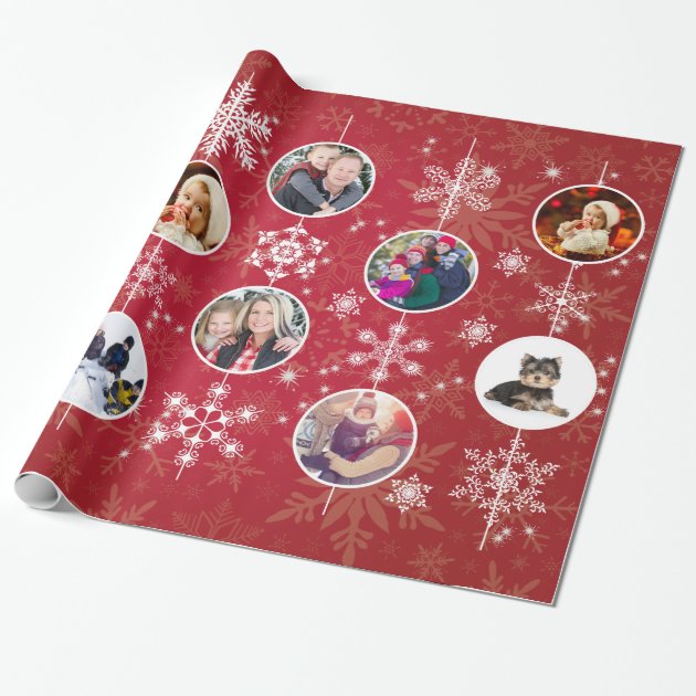 Christmas Snowflakes 10 Favorite Family Photos Red Wrapping Paper 1/4
