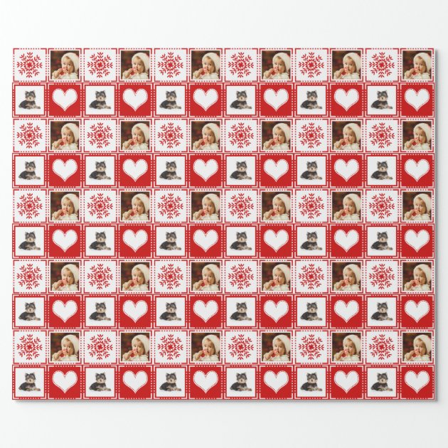 Christmas Snowflakes and Hearts 2 Family Photo Wrapping Paper