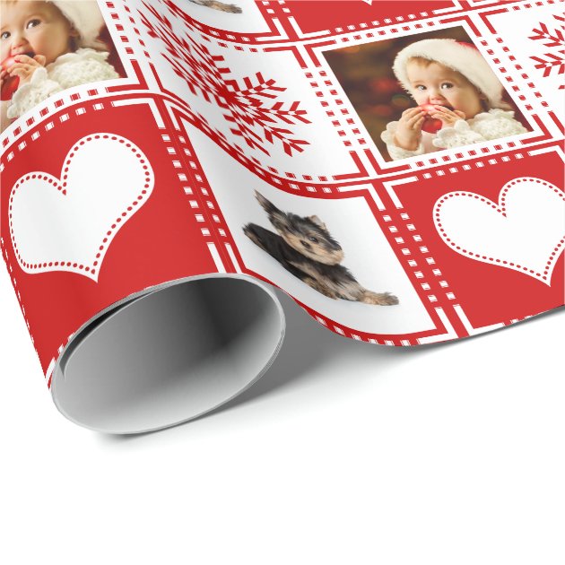 Christmas Snowflakes and Hearts 2 Family Photo Wrapping Paper 3/4