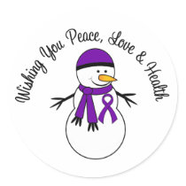 Christmas Snowman Pancreatic Cancer Ribbon Stickers