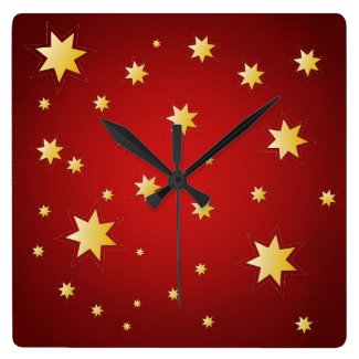 Christmas sparkling stars on red wall clocks
