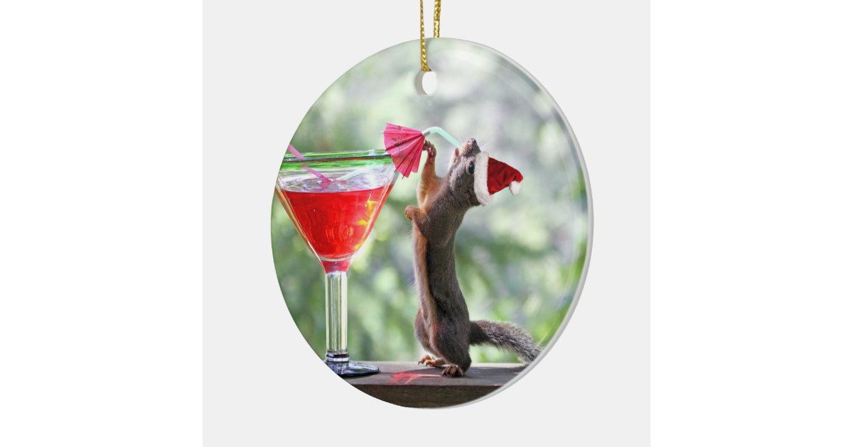 christmas squirrel drinking a cocktail ceramic ornament christmas squirrel drinking a cocktail ceramic ornament
