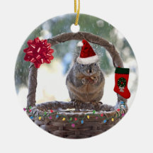 Christmas Squirrel in Snowy Basket Ornament