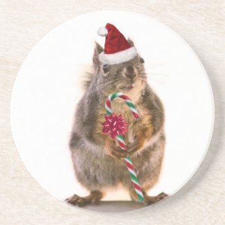 Christmas Squirrel with Candy Cane Drink Coasters