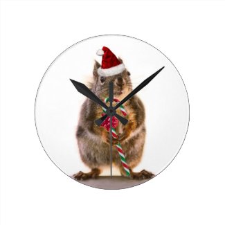 Christmas Squirrel with Candy Cane Round Clocks