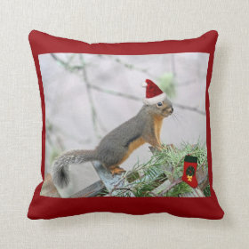 Christmas Squirrel with Christmas Stocking Throw Pillow