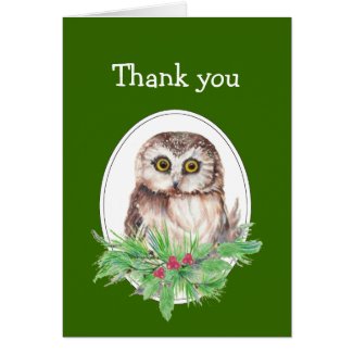 Christmas Thank you Cute Owl Bird Holly Greeting Cards