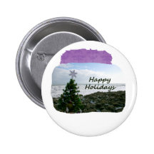 Christmas Tree Against Beach Rocks Happy Holidays Pinback Button