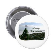 Christmas Tree Against Beach Rocks Merry Christmas Pinback Button