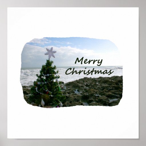 Christmas Tree Against Beach Rocks Merry Christmas Poster