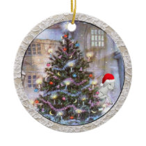 Christmas Tree and Goat in Santa Hat Christmas Ornament