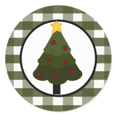 Christmas Tree Design on Green Stripes Round Stickers