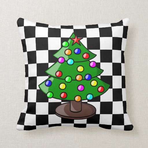 Christmas Tree on Black and White Checkered Backgr Throw Pillow Zazzle