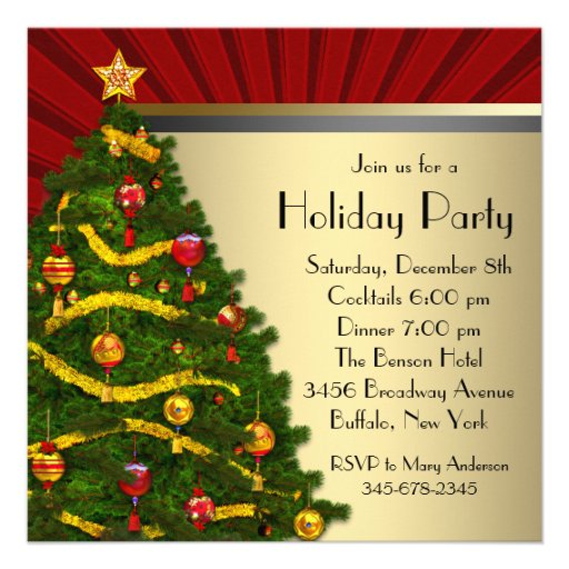 Christmas Tree Red Black Gold Christmas Party Personalized Announcements