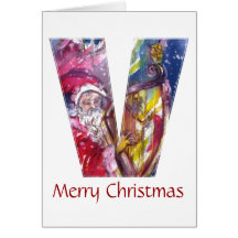 CHRISTMAS V LETTER  / SANTA PLAYING HARP CARDS