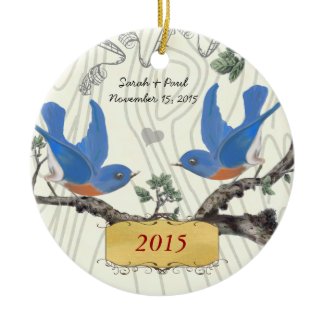 Christmas Vintage Bluebirds on Wood Grain ornament