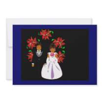 Christmas Wedding Couple With Wreath In Blue Gold invitations