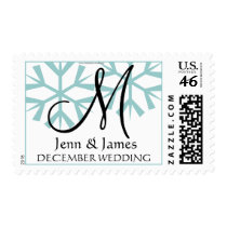 Christmas Wedding Monogram M  Blue Postage