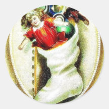 Christmas with shoe full of gifts round stickers
