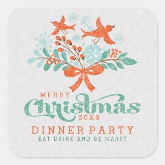 Christmas Wreath & Cute Birds Dinner Party Square Sticker