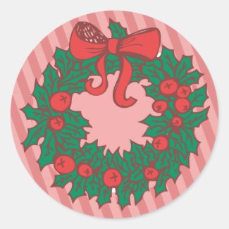 Christmas Wreath on a Pink Striped Medallion Classic Round Sticker